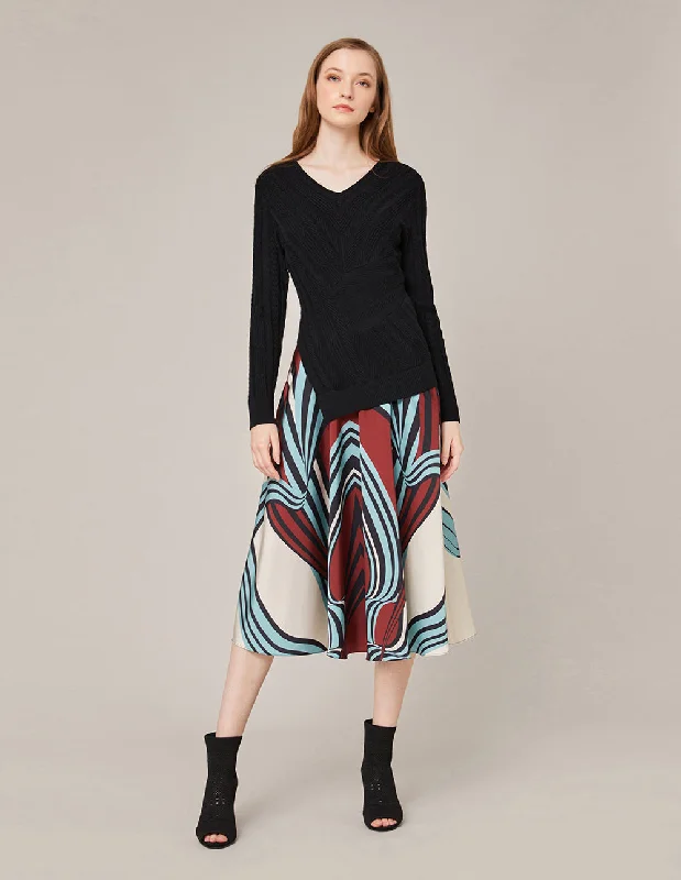 MARYLING ARTISTIC PRINT SPLICED V-NECK KNIT DRESS