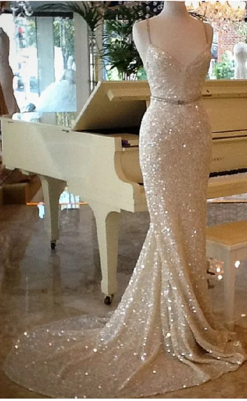 Spaghetti Strap Mermaid Sequin Evening Dresses Latest Natural Sweep Train Party Gowns