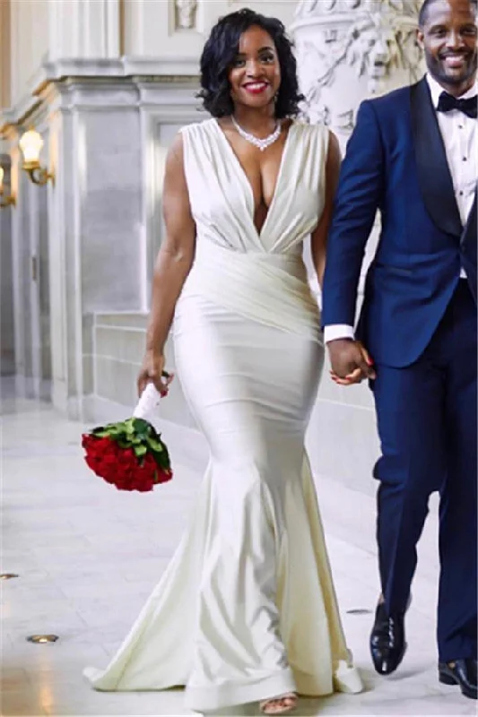 Elegant White V-Neck Sleeveless Floor-Length Prom Dresses | Mermaid Evening Gown On Sale Elegant White V-Neck Sleeveless Floor-Length Prom Dresses | Mermaid Evening Gown On Sale