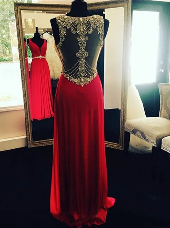 Crystal Long Beading  Evening Dresses Sleeveless Red Prom Dresses