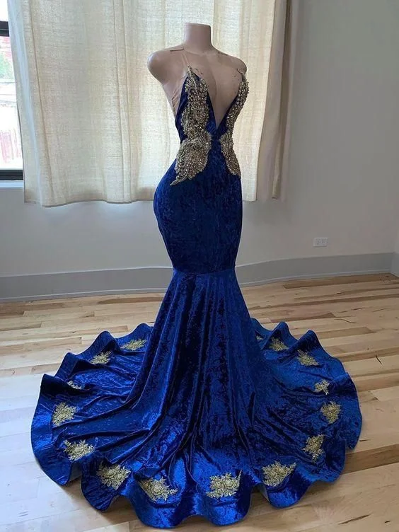 Royal Blue V-neck Spaghetti Straps Beading Sleeveless Floor-length Mermaid Prom Dresses Royal Blue V-neck Spaghetti Straps Beading Sleeveless Floor-length Mermaid Prom Dresses