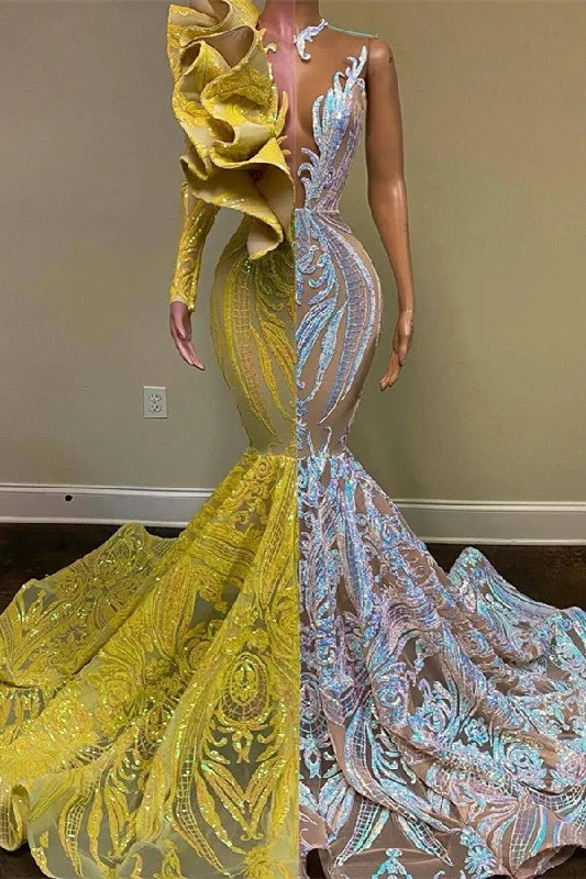 Gorgeous V-neck One Shoulder Long Sleeve Floor-length Mermaid Prom Dresses