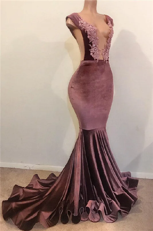 Sexy Straps Velvet Prom Dresses  | Mermaid Open Front Appliques Evening Gowns BC1516