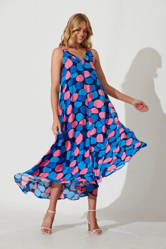 Caroline K Morgan Strappy Spotty Printed Trapeze Dress Blue Pink