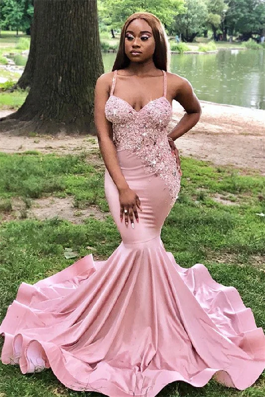 Gorgeous Sleeveless Spaghetti Straps Sweep Train Prom Dresses | Appliques Beading Pink Mermaid Evening Gown BC0979 Gorgeous Sleeveless Spaghetti Straps Sweep Train Prom Dresses | Appliques Beading Pink Mermaid Evening Gown BC0979