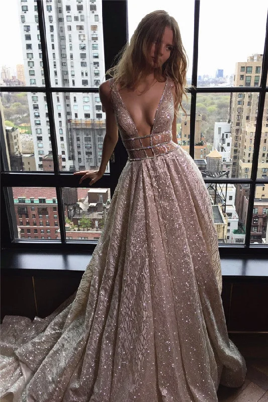 Deep V-neck Sleeveless Sexy Unique Sparkly Fabric Open Back  Evening Dresses
