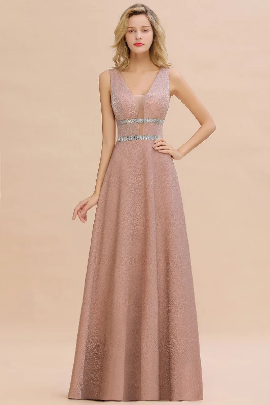 Shinning V-Neck Sleeveless Long Prom Dress With Zipper Back