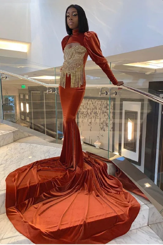 Vintage Orange Velvet Crystal Mermaid Prom Dresses With Long Sleeves