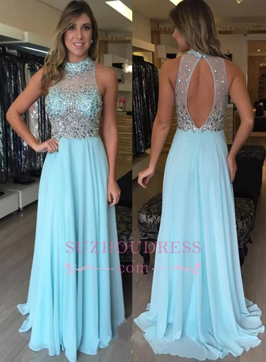 Chiffon Crystal High-Neck Halter Long Natural Prom Dresses