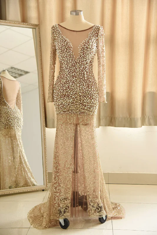 Glamorous Jewel Lace Front Slit Prom Dress | Long Sleeves Appliques Formal Dress with Pearls Glamorous Jewel Lace Front Slit Prom Dress | Long Sleeves Appliques Formal Dress with Pearls