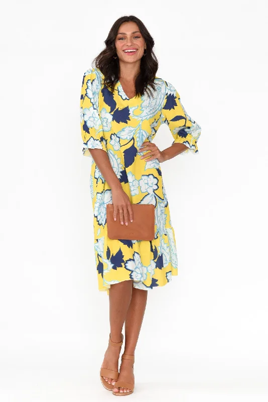 Reiko Yellow Floral Linen Blend Dress