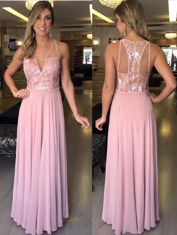 Lace Pink Sleeveless Chiffon Evening Dresses  A-Line Long V-Neck Prom Dresses