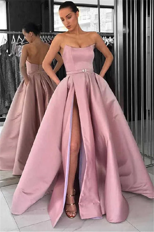 Gorgeous Strapless Floor-Length Ruffles Prom Dresses | Sleeveless Front Split A-Line Evening Gown
