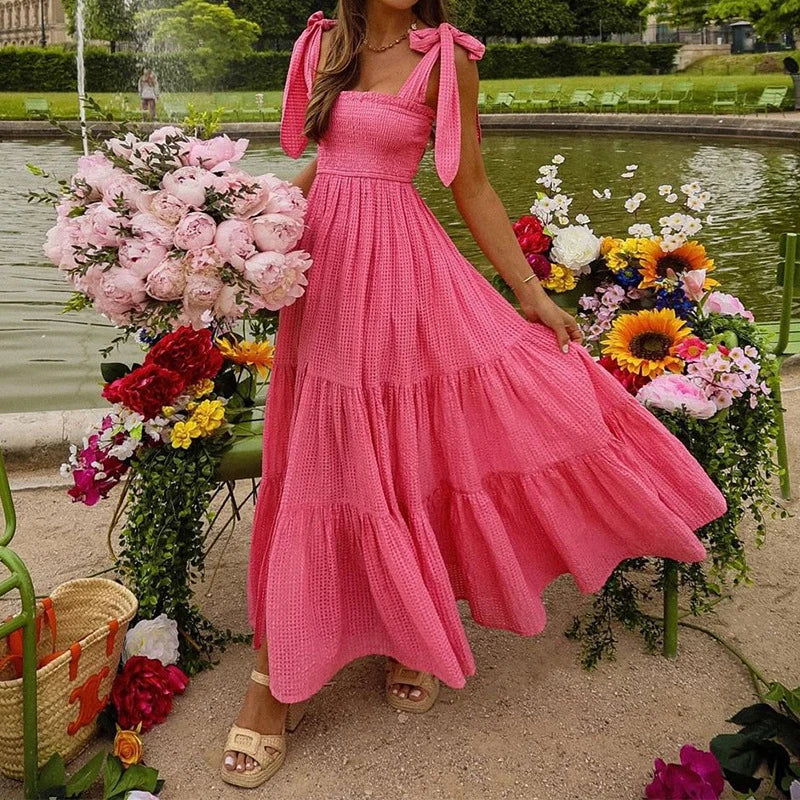 LIZAKOSHT  -  Female Bow Strapless Slit Loose A-line Dress Elegant Women Solid One Shoulder Beach Dress Holiday Sweet Swing Big Hem Dress