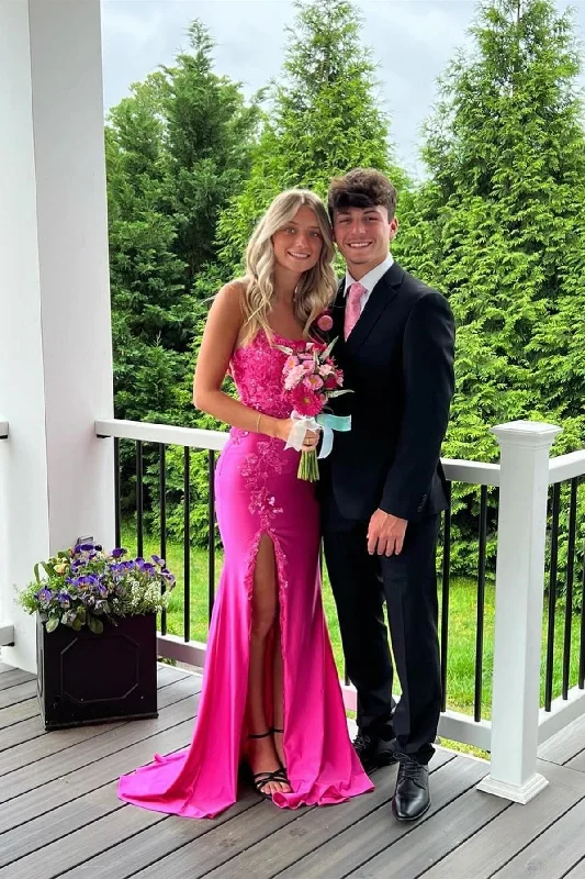 Fabulous Column Satin Spaghetti Straps Sleeveless Pink Prom Dresses With Appliques Split Front Fabulous Column Satin Spaghetti Straps Sleeveless Pink Prom Dresses With Appliques Split Front