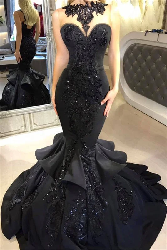 Black Mermaid Beads Prom Dresses | Appliques  Sexy Evening Dresses