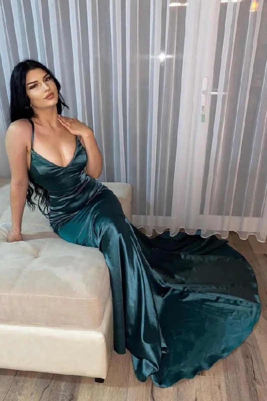 Dark Green Simple V-neck Long Mermaid Prom Dresses