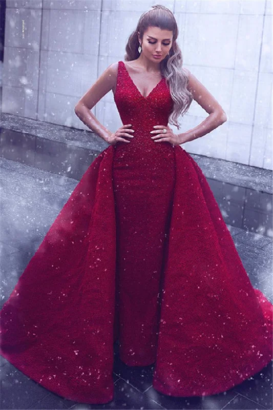Luxurious Red Overskirt Sleeveless Evening Gown | V-Neck Sheath Charming Prom Dresses On Sale Luxurious Red Overskirt Sleeveless Evening Gown | V-Neck Sheath Charming Prom Dresses On Sale