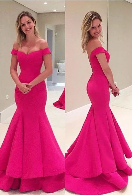 Off-The-Shoulder Short Sleeves Fuchsia Mermaid Prom Dresses