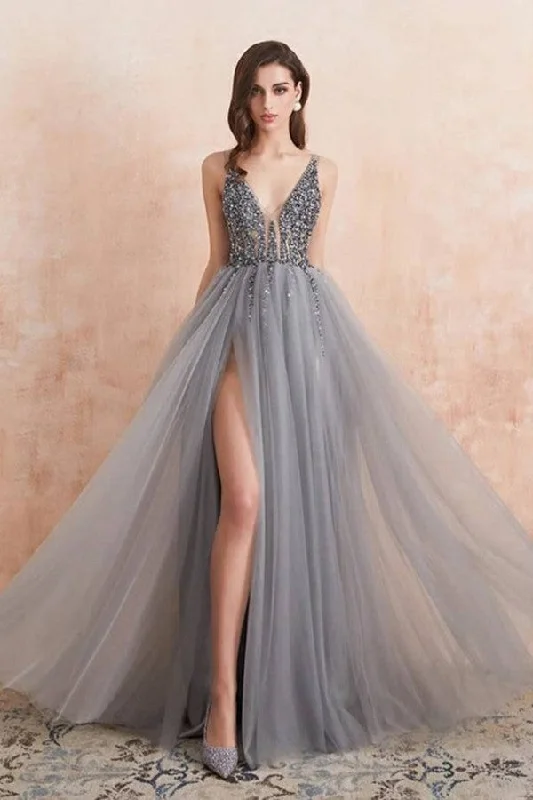 Gorgeous Sleeveless Tulle Front-Split Ruffles Prom Dresses With Appliques