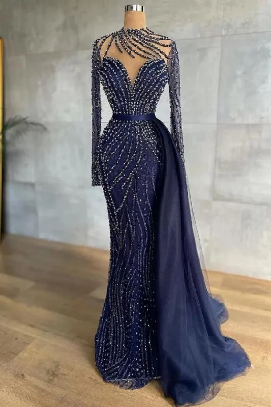 Stylish High Neck Navy Mermaid Evening Dress with Detachable Tulle Train Crystals Beads Long Prom Dress Stylish High Neck Navy Mermaid Evening Dress with Detachable Tulle Train Crystals Beads Long Prom Dress