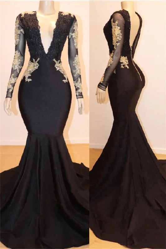 V-neck Gold Lace Open Back Prom Dresses | Mermaid Long Sleeve Sexy Black Graduation Dress BC1519 V-neck Gold Lace Open Back Prom Dresses | Mermaid Long Sleeve Sexy Black Graduation Dress BC1519