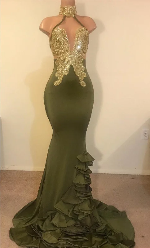 Sparkle Gold Appliques Sexy Prom Dress on Mannequins | Mermaid Ruffles Halter Evening Gowns BC0988 Sparkle Gold Appliques Sexy Prom Dress on Mannequins | Mermaid Ruffles Halter Evening Gowns BC0988