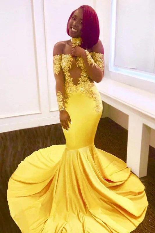 Off The Shoulder Yellow Prom Dress | Mermaid Sexy Evening Dress with Lace Chocker FB0295 Off The Shoulder Yellow Prom Dress | Mermaid Sexy Evening Dress with Lace Chocker FB0295