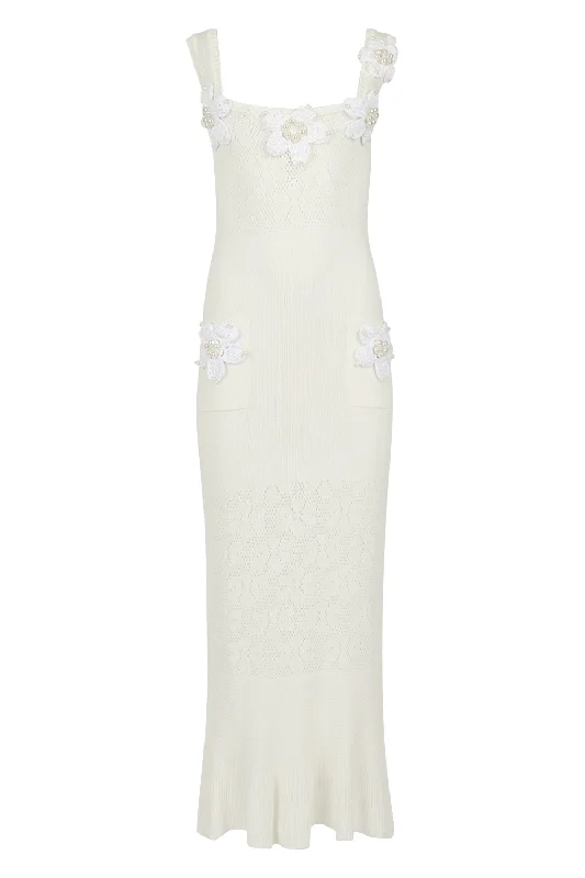 White Vanilla Knit Dress With Handmade Embroidery