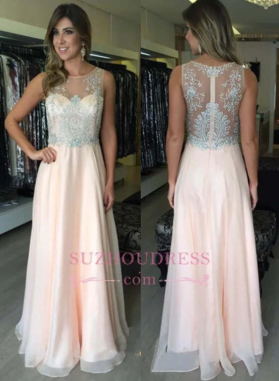 Chiffon Natural Zipper A-Line Elegant Sleeveless Applique Prom Dresses