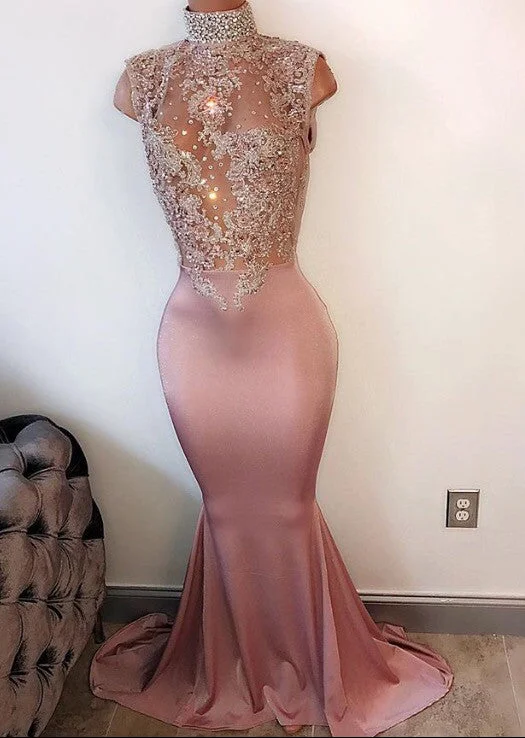 Sleeveless Lace Appliques Mermaid Evening Gowns Pearls High Neck Prom Dress  BA4598