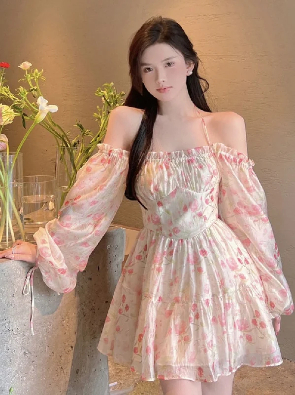 Holiday Chiffon Floral Dress Long Sleeve Women Summer Dress Oversized Off Shoulder Sexy High Waist Sweet Mini Beach Dress Holiday Chiffon Floral Dress Long Sleeve Women Summer Dress Oversized Off Shoulder Sexy High Waist Sweet Mini Beach Dress