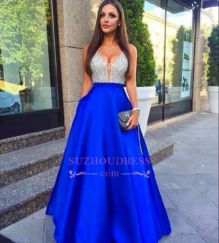 Sleeveless Beaded V-Neck Evening Gowns with Pockets Royal Blue Silver Prom Dresses LY77 Sleeveless Beaded V-Neck Evening Gowns with Pockets Royal Blue Silver Prom Dresses LY77