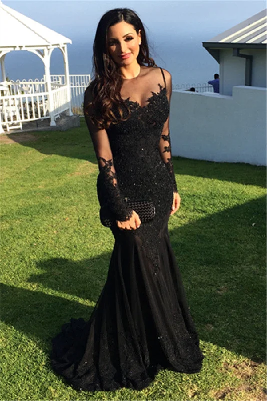 Sexy Black Tulle Mermaid Prom Dresses  Long Sleeve Applique Evening Dresses BA3566