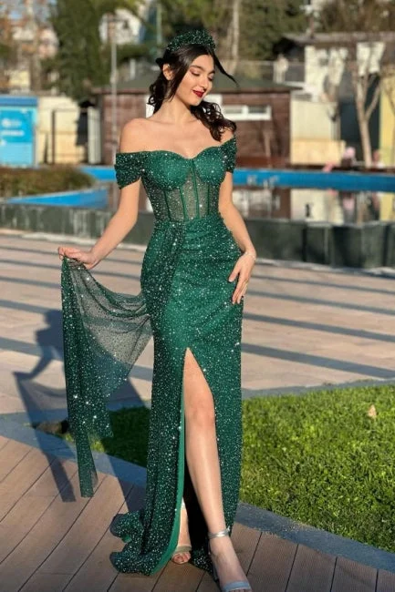 Gorgeous Column Lace Off-The-Shoulder Sweetheart Sleeveless Green Prom Dresses With Split Front Gorgeous Column Lace Off-The-Shoulder Sweetheart Sleeveless Green Prom Dresses With Split Front