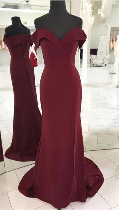 V-neck ,Off Shoulder ,Long Burgundy Mermaid Prom Dresses ,Leg Split,Custom Made