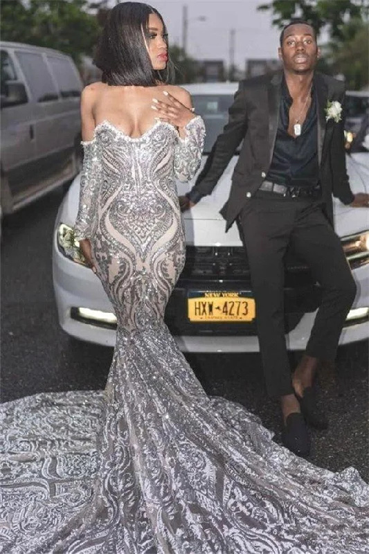 Sexy Off The Shoulder Silver Prom Dresses  | Long Sleeve Sparkle Lace Mermaid Graduation Dresses