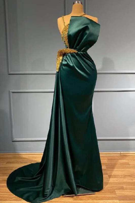 Charming Green Mermaid Evening Dress with Sparkly Gold Pearls Embellishment
