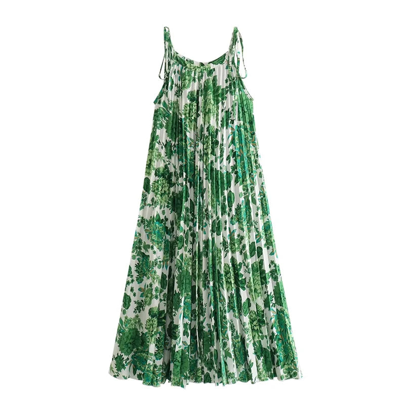 LIZAKOSHT - Green Floral Print Lacing Up Sling Beach Dresses Women Sexy Sleeveless O Neck Pleated Summer Dress Holiday Vestidos LIZAKOSHT - Green Floral Print Lacing Up Sling Beach Dresses Women Sexy Sleeveless O Neck Pleated Summer Dress Holiday Vestidos