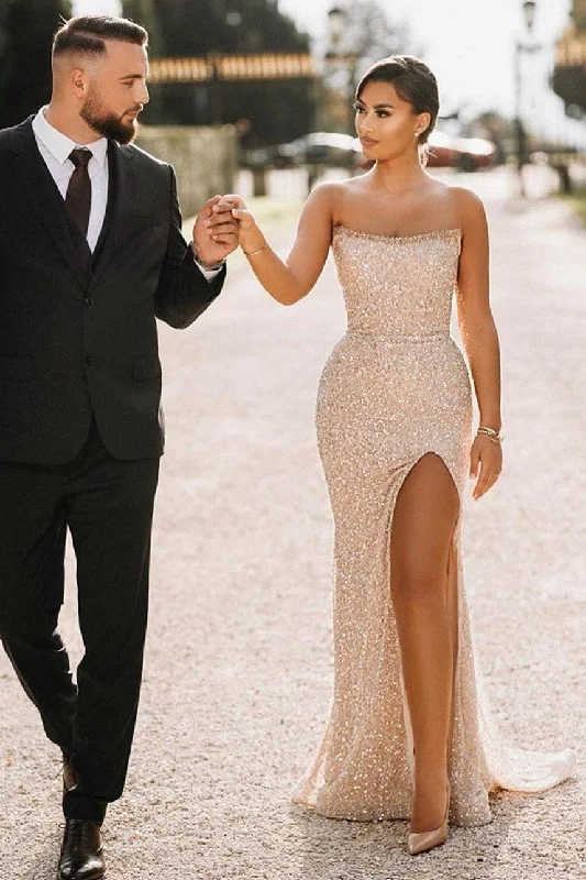Simple Champagne Strapless Sequins Column Prom Dresses with Slit