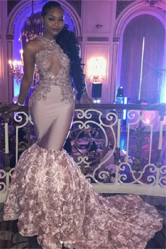 Sexy Pink High-Neck Mermaid Prom Dresses  Appliques Sleeveless Keyhole Evening Dresses with Beadings SK0138