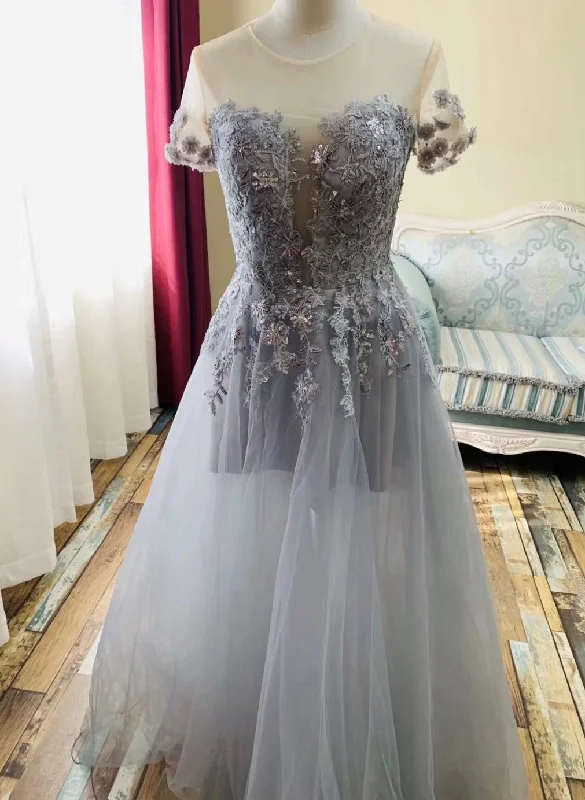 short sleeve prom dress ,gray formal evening dress,illusion back pretty dress