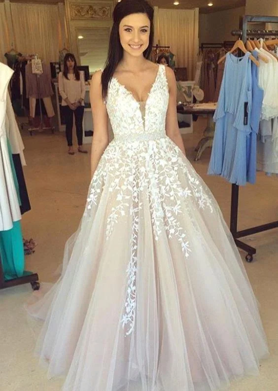V-neck Straps  Long Evening Dresses Lace Tulle Prom Dress with Beading Belt CE0208