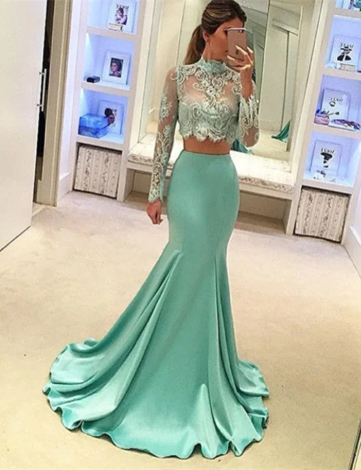 Mint Long Sleeves Mermaid Long Two Piece High Neck Prom Dresses  AN0