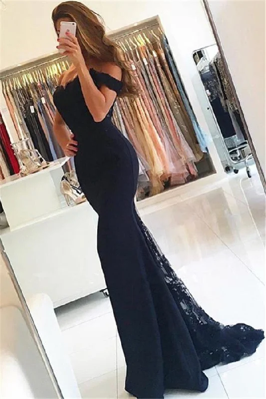 Glamorous Off the Shoulder Mermaid Prom Dresses | Appliques Evening Dresses with Buttons AN0014 Glamorous Off the Shoulder Mermaid Prom Dresses | Appliques Evening Dresses with Buttons AN0014