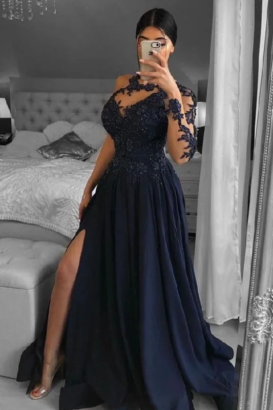 Unique One-shoulder Long-Sleeve A-Line Floor-Length Chiffon Prom Dresses with Appliques Unique One-shoulder Long-Sleeve A-Line Floor-Length Chiffon Prom Dresses with Appliques
