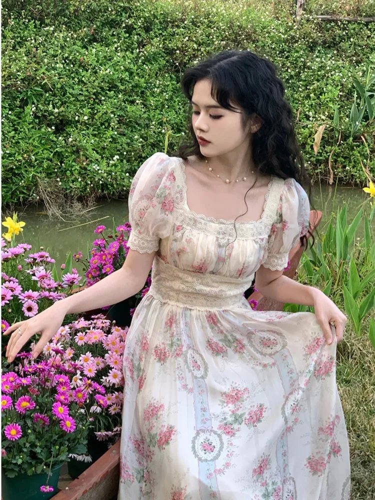 LIZAKOSHT - Summer Romantic Vintage Lace Puff Sleeve France Dress Women Floral Print Square Collar Holiday Dress Female Patchwork Vestidos LIZAKOSHT - Summer Romantic Vintage Lace Puff Sleeve France Dress Women Floral Print Square Collar Holiday Dress Female Patchwork Vestidos