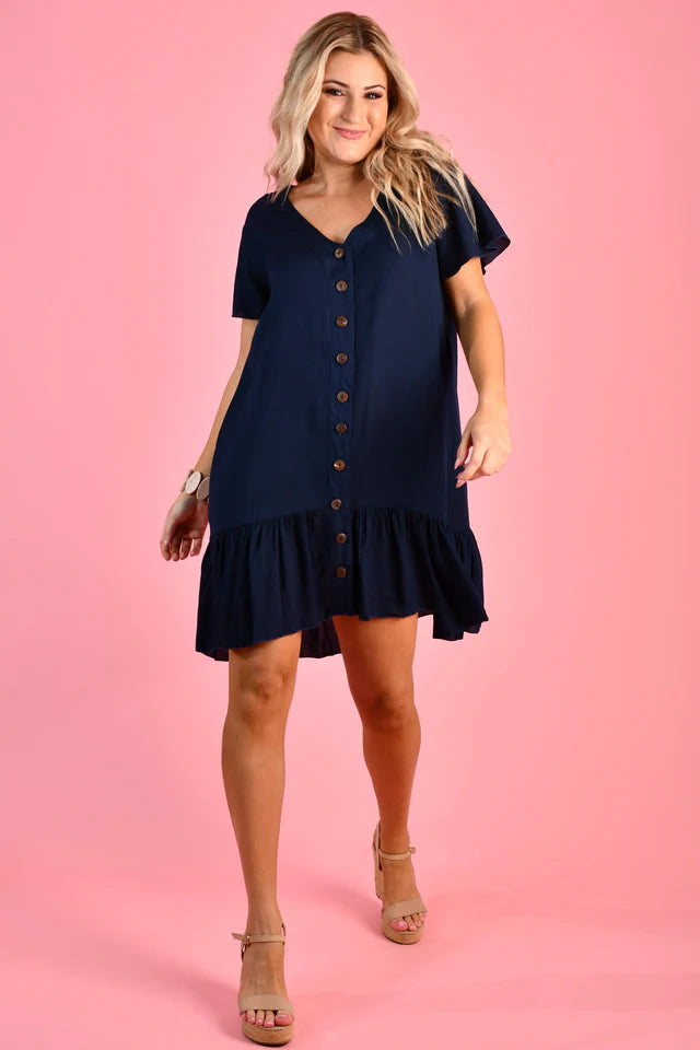 Go Girl Cap Sleeve Button Dress Navy S