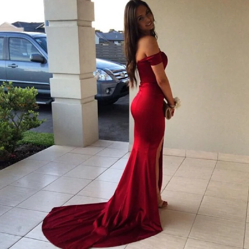 Off the Shoulder  Prom Dresses Mermaid Sexy Front Split Evening Gowns CE0053