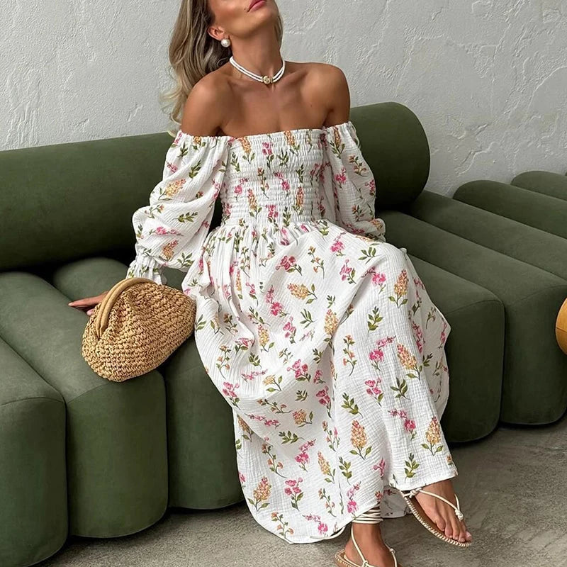 LIZAKOSHT  -  Casual Pleats Long Dress Autumn Sexy Off Shoulder Lantern Sleeve Dress Women Fashion Floral Print Split Holiday Dress Mujer